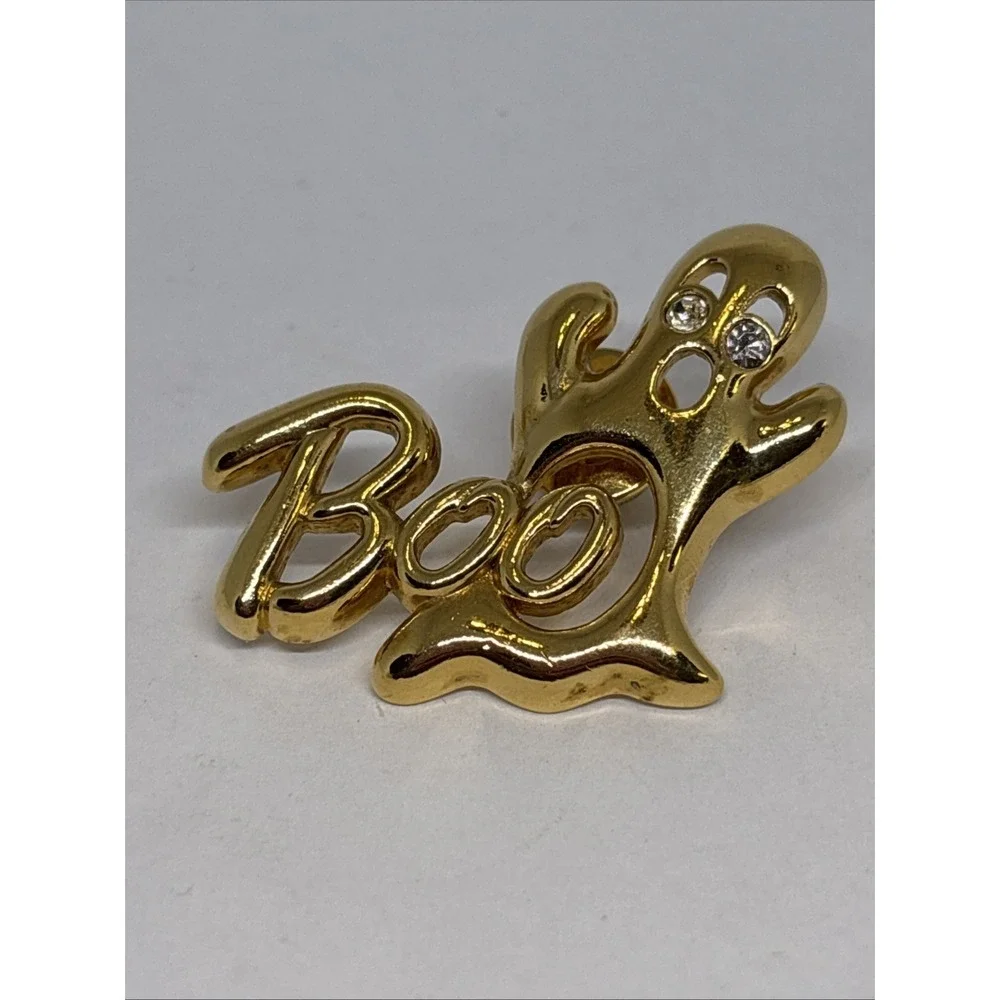 Avon Halloween Pin Ghost Rhinestone Eyes Boo Gold Tone Brooch